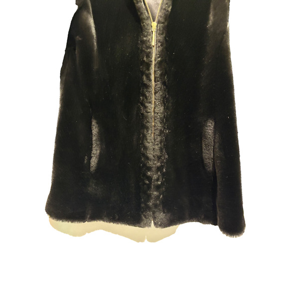 Jones New York Black Faux Fur Coat Jacket Sz S hood mid length Romantic Party - Picture 3 of 13